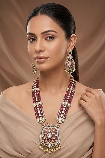 Gold Finish Moissanite Kundan Polki & Red Stone Long Necklace Set