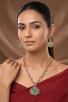 Gold Finish Jade Green Doublet Stone Long Necklace Set