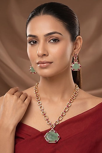 Gold Finish Jade Green Doublet Stone Long Necklace Set