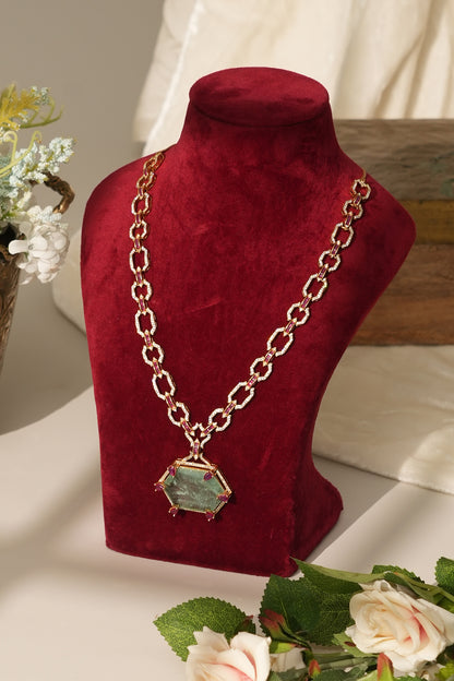 Gold Finish Jade Green Doublet Stone Long Necklace Set