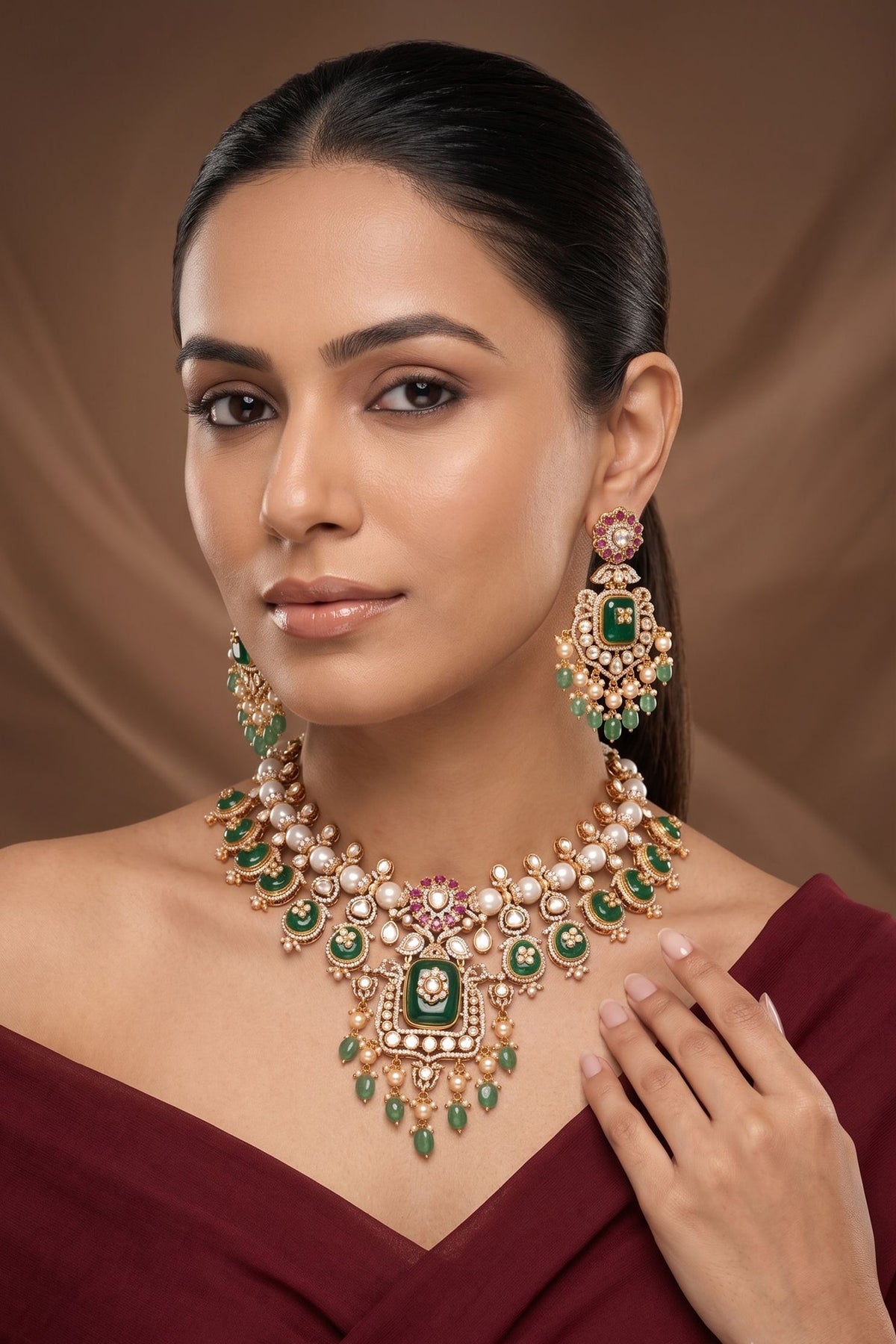 Gold Finish Kundan Polki & Green Doublet Stone Necklace Set
