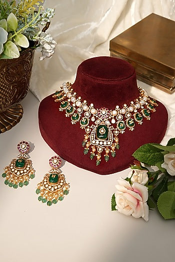 Gold Finish Kundan Polki & Green Doublet Stone Necklace Set