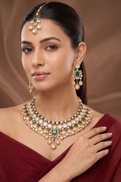 Gold Finish Kundan Polki & Green Stone Necklace Set