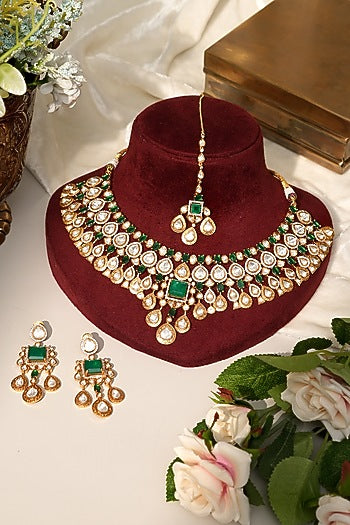 Gold Finish Kundan Polki & Green Stone Necklace Set
