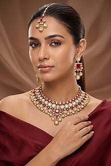 Gold Finish Kundan Polki & Red Stone Necklace Set