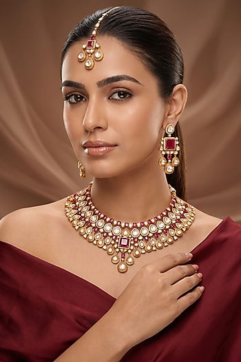 Gold Finish Kundan Polki & Red Stone Necklace Set