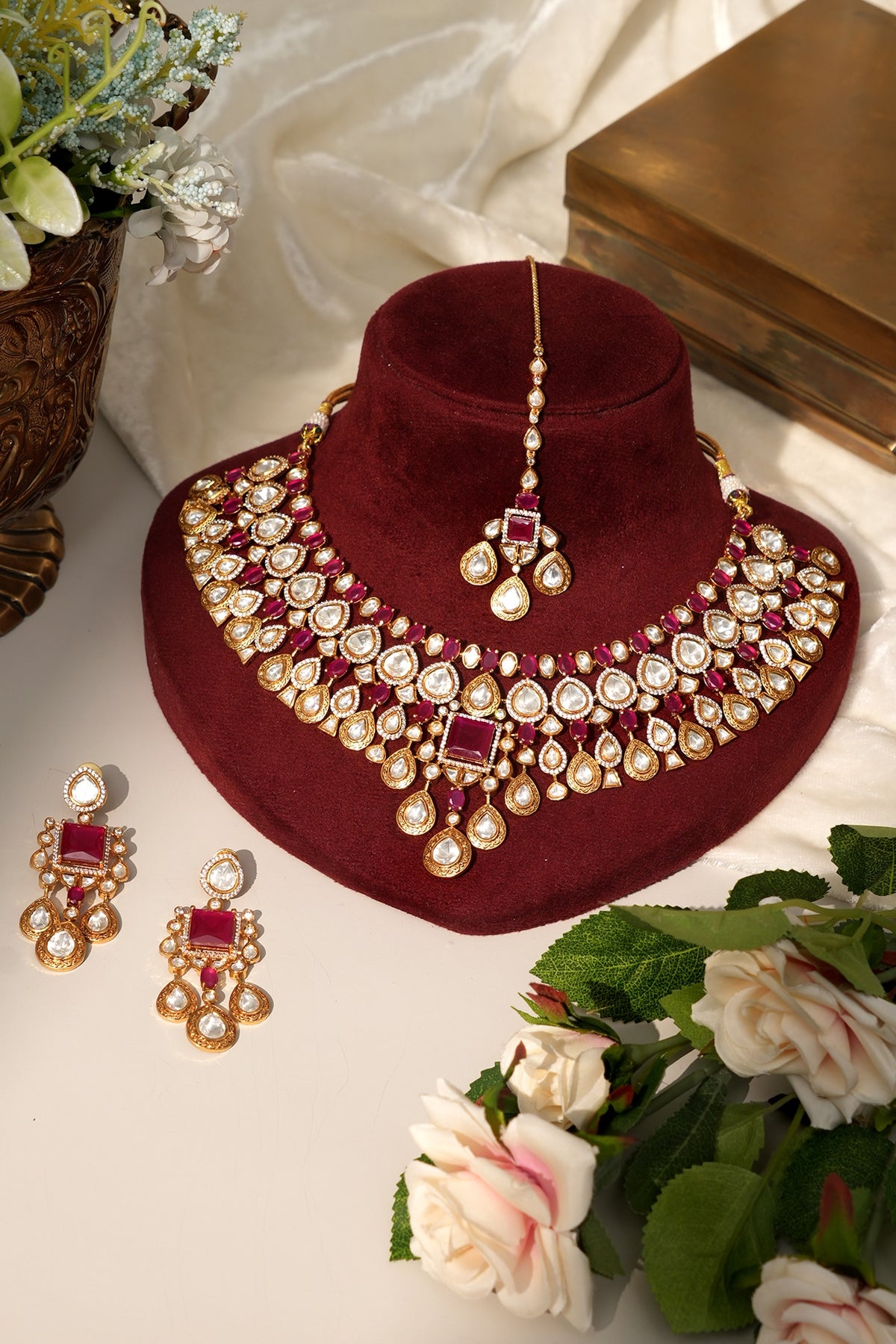 Gold Finish Kundan Polki & Red Stone Necklace Set