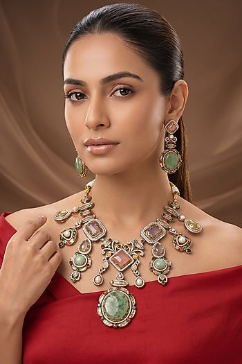 Gold Finish Kundan Polki & Multi-Colored Stone Long Necklace Set
