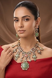 Gold Finish Kundan Polki & Multi-Colored Stone Long Necklace Set