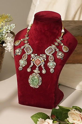 Gold Finish Kundan Polki & Multi-Colored Stone Long Necklace Set