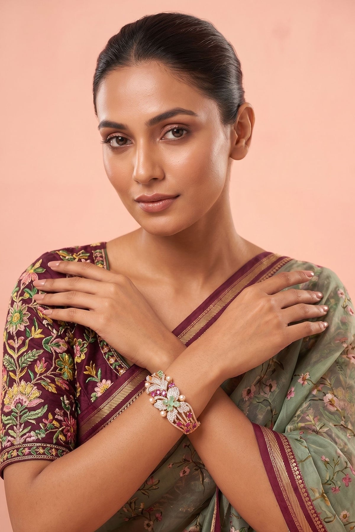Gold Finish Multi-Colored Kundan Polki Bracelet