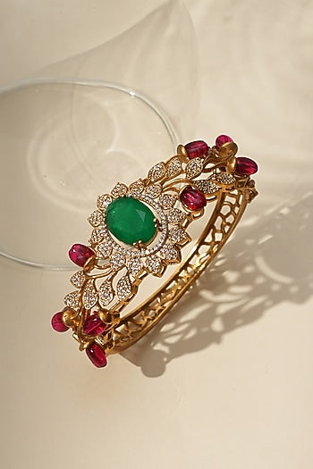 Gold Finish Kundan Polki & Green Stone Bracelet