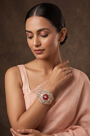 Gold Finish Ruby Stone & Kundan Polki Jadau Bracelet