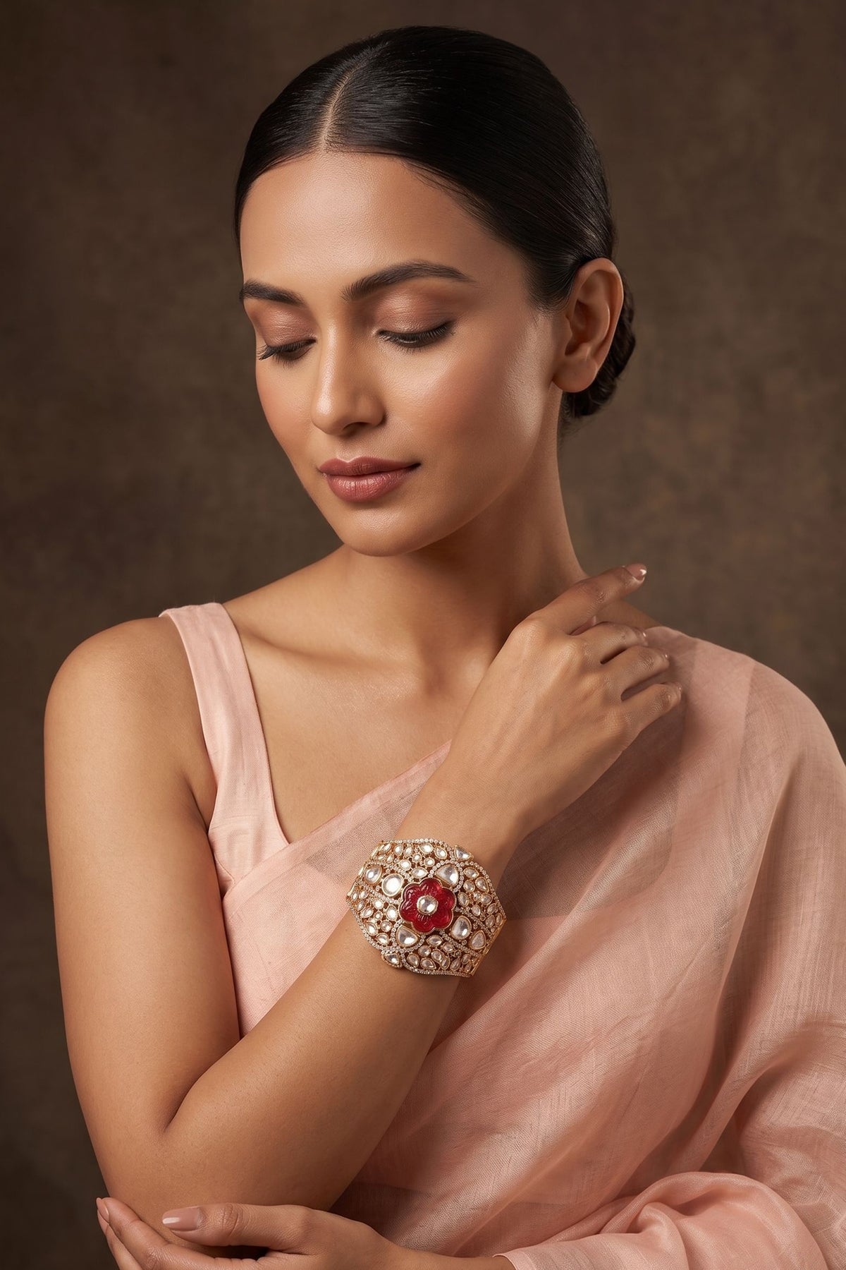 Gold Finish Ruby Stone & Kundan Polki Jadau Bracelet