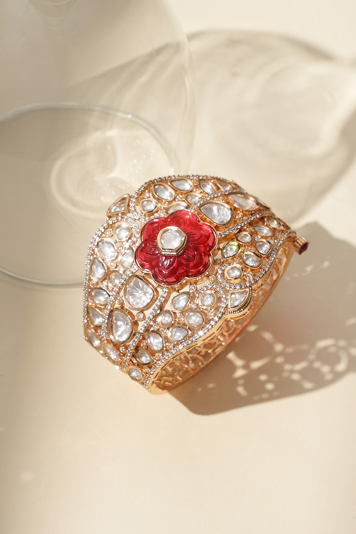Gold Finish Ruby Stone & Kundan Polki Jadau Bracelet