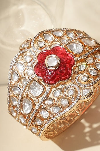 Gold Finish Ruby Stone & Kundan Polki Jadau Bracelet