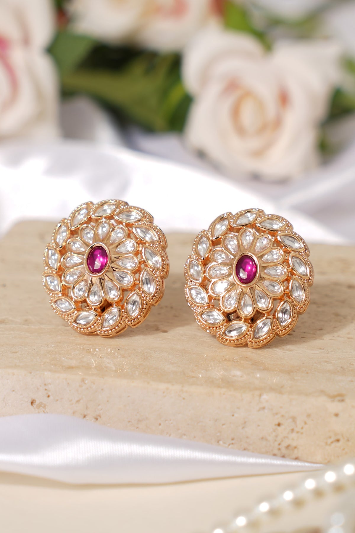 Gold Finish Kundan Polki & Ruby Stone Stud Earrings