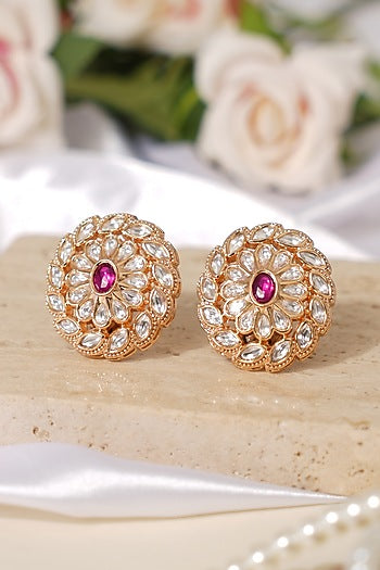 Gold Finish Kundan Polki & Ruby Stone Stud Earrings