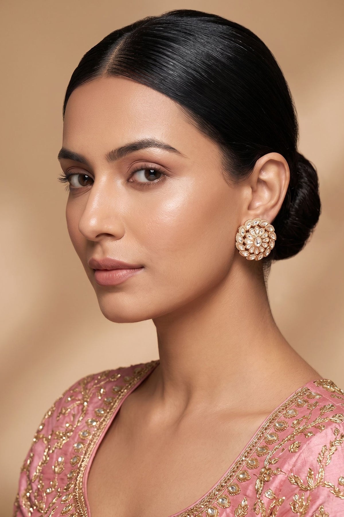 Gold Finish Kundan Polki Stud Earrings