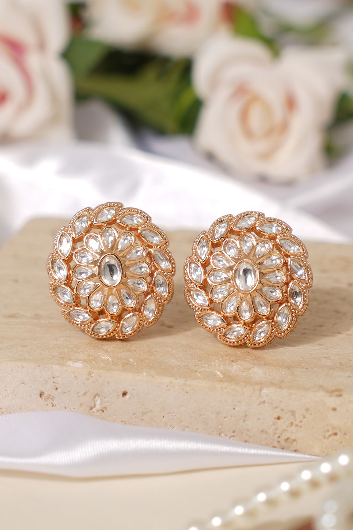 Gold Finish Kundan Polki Stud Earrings