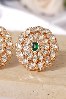 Gold Finish Kundan Polki & Green Stone Stud Earrings