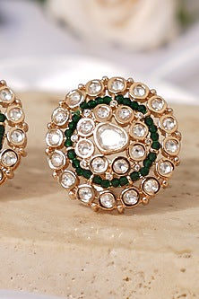Gold Finish Kundan Polki & Green Stone Stud Earrings