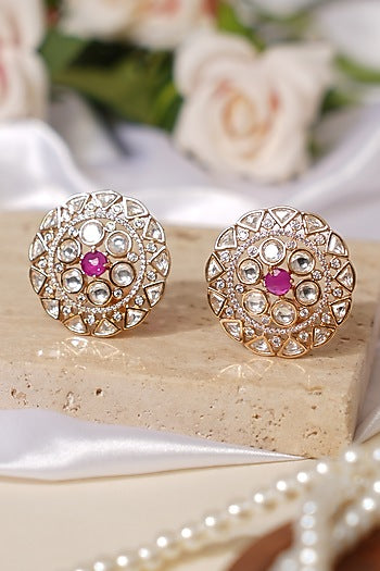 Gold Finish Kundan Polki & Pink Stone Stud Earrings