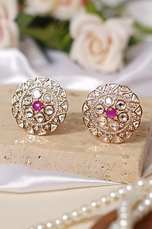 Gold Finish Kundan Polki & Pink Stone Stud Earrings