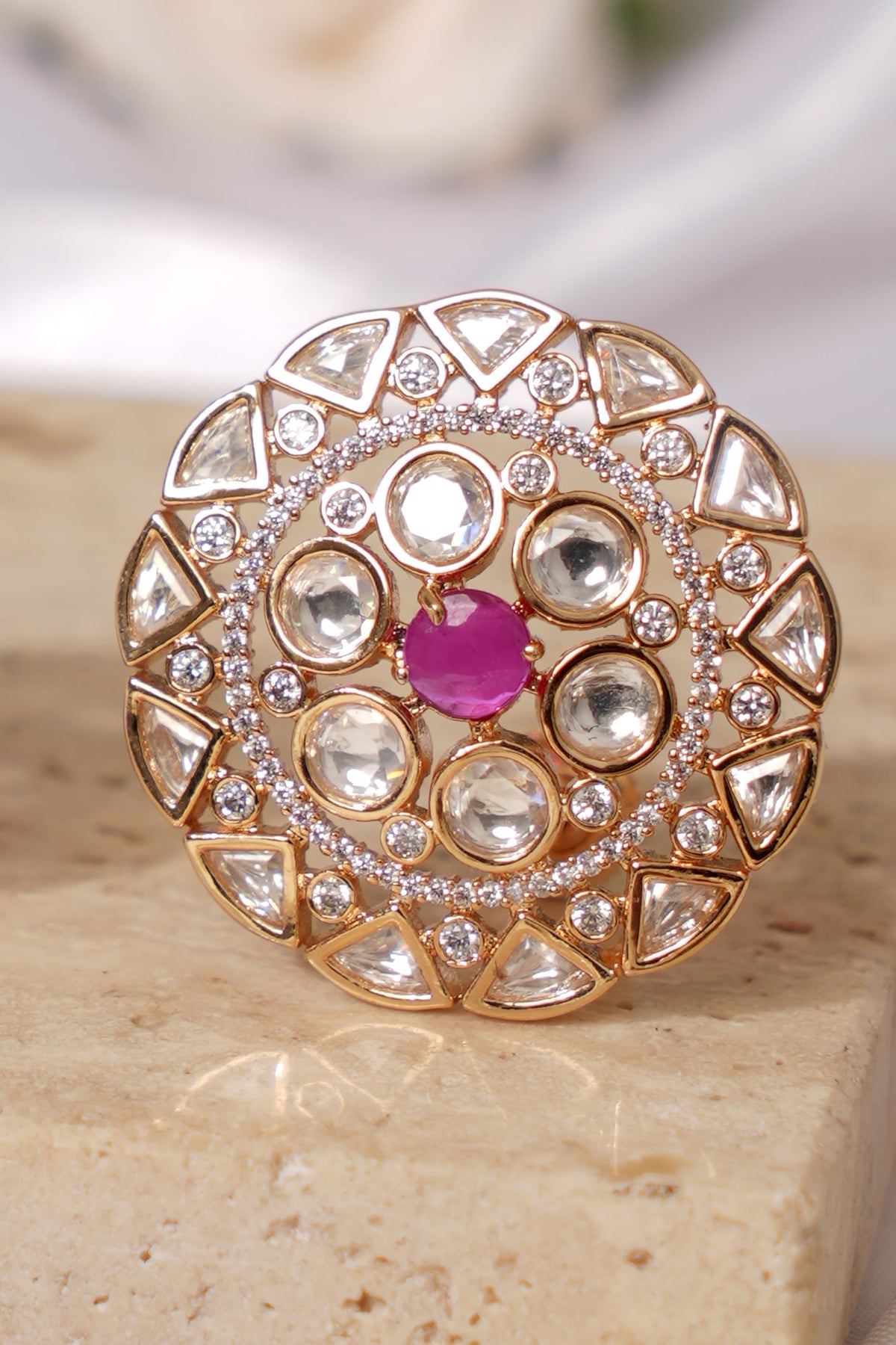 Gold Finish Kundan Polki & Pink Stone Stud Earrings
