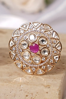 Gold Finish Kundan Polki & Pink Stone Stud Earrings
