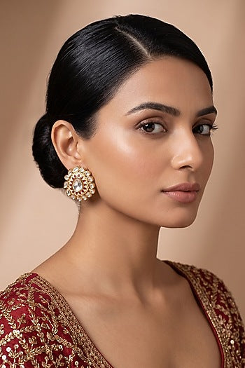 Gold Finish Pink Kundan Polki Stud Earrings