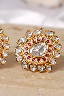 Gold Finish Pink Kundan Polki Stud Earrings
