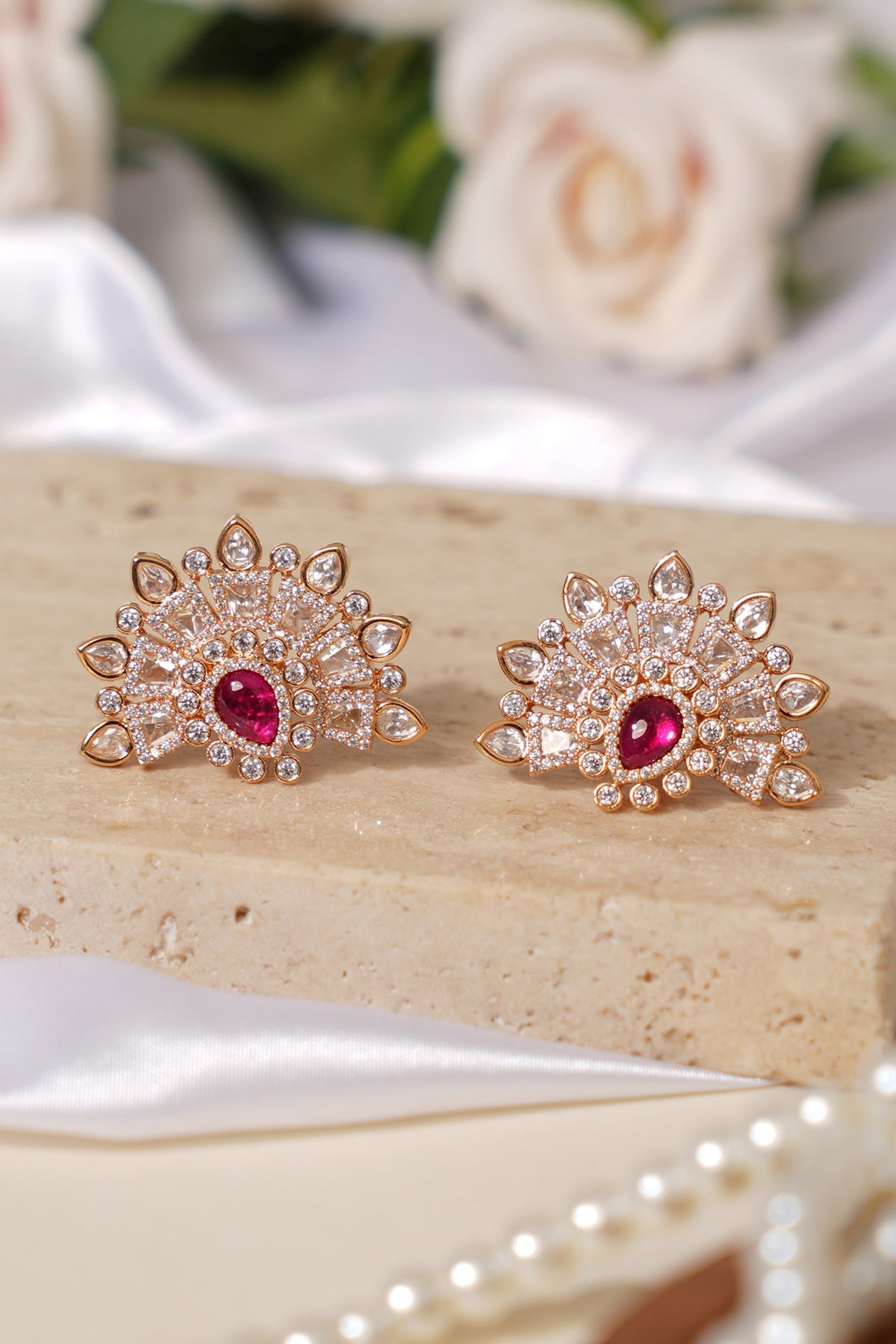 Gold Finish Kundan Polki & Pink Stone Stud Earrings