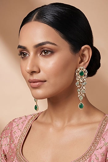 Gold Finish Doublet Kundan Polki & Emerald Stone Dangler Earrings