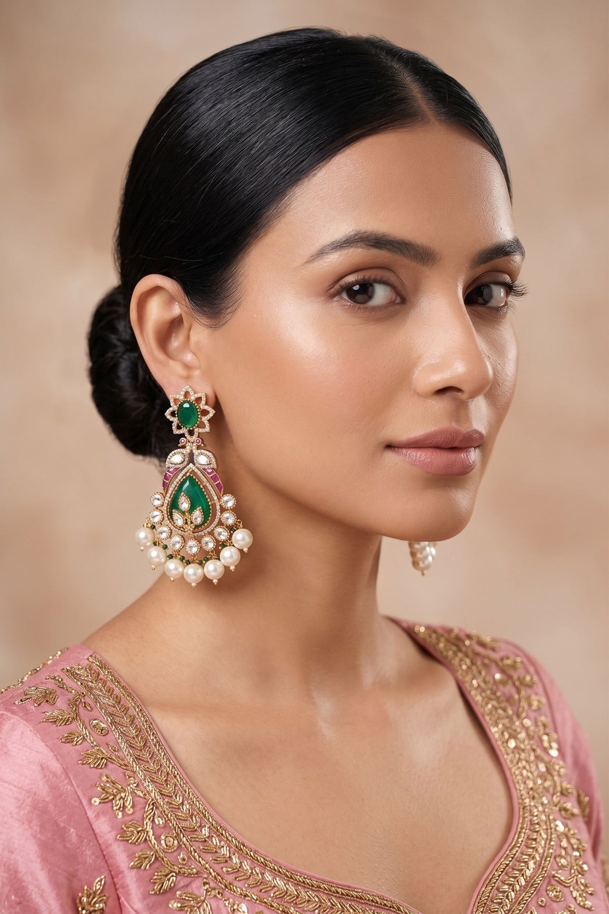 Gold Finish Doublet Kundan Polki & Emerald Stone Jadau Long Earrings