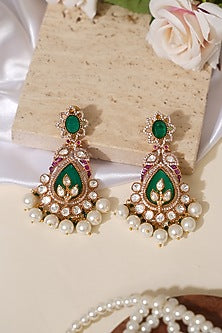 Gold Finish Doublet Kundan Polki & Emerald Stone Jadau Long Earrings