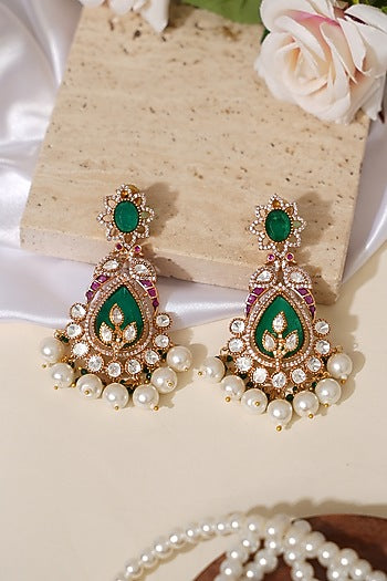 Gold Finish Doublet Kundan Polki & Emerald Stone Jadau Long Earrings