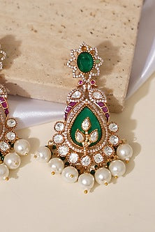 Gold Finish Doublet Kundan Polki & Emerald Stone Jadau Long Earrings