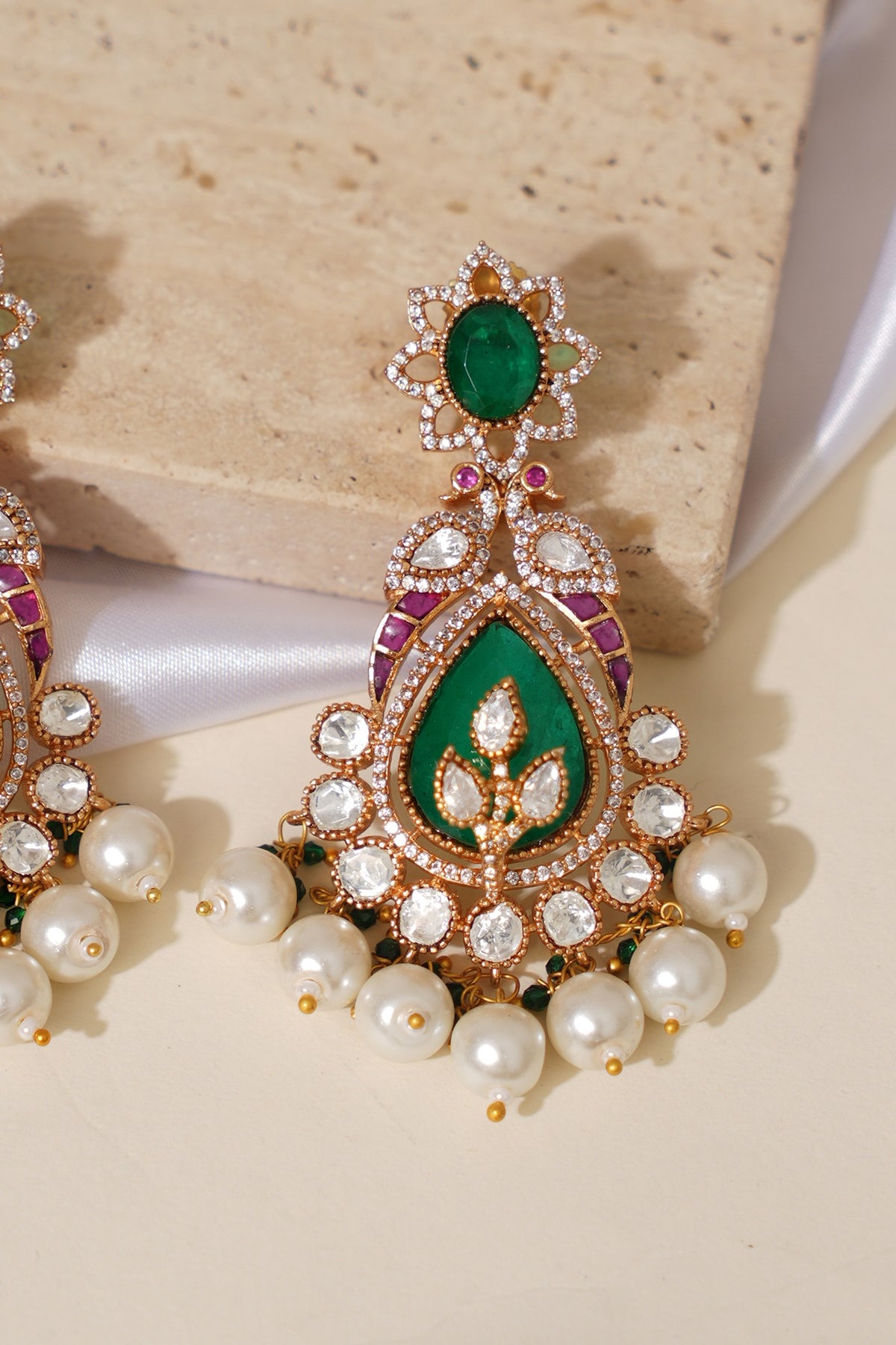 Gold Finish Doublet Kundan Polki & Emerald Stone Jadau Long Earrings
