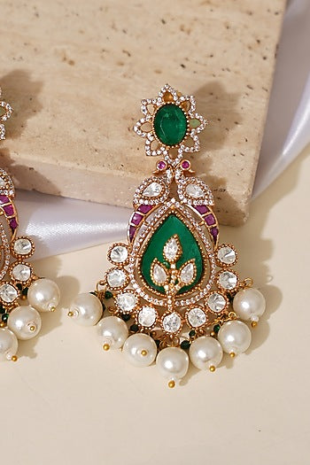 Gold Finish Doublet Kundan Polki & Emerald Stone Jadau Long Earrings