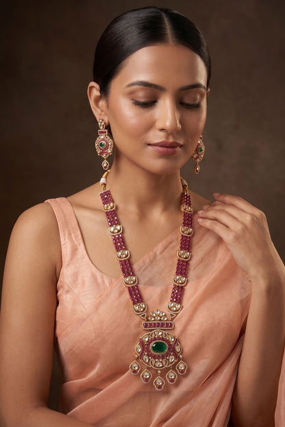Gold Finish Doublet Kundan Polki Long Necklace Set