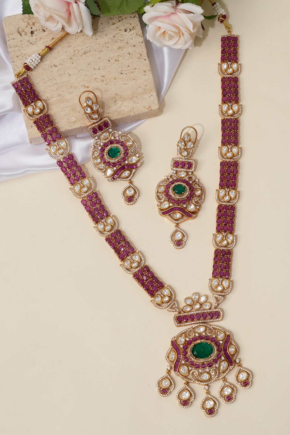 Gold Finish Doublet Kundan Polki Long Necklace Set