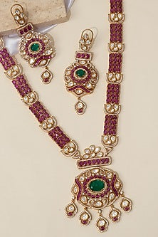 Gold Finish Doublet Kundan Polki Long Necklace Set