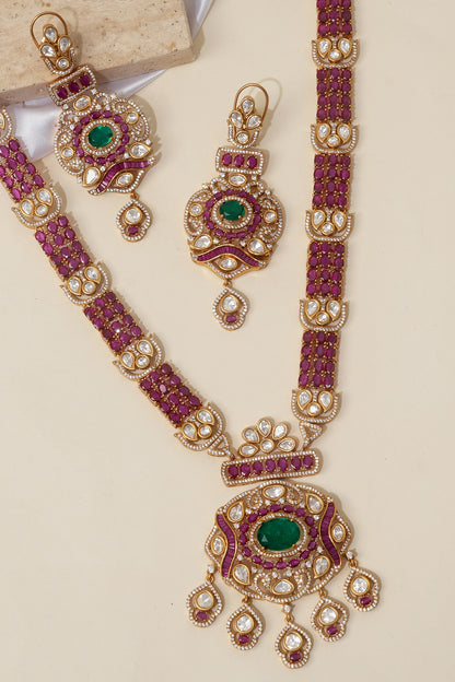Gold Finish Doublet Kundan Polki Long Necklace Set