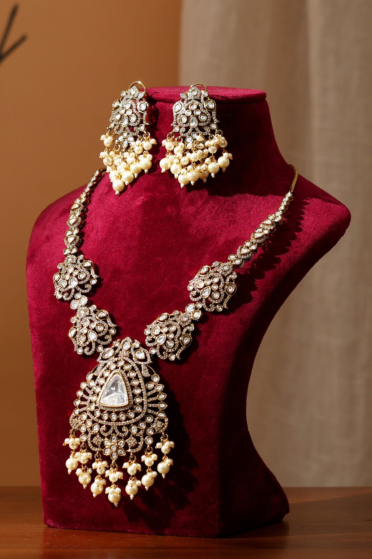 Gold Finish Kundan Polki Long Necklace Set