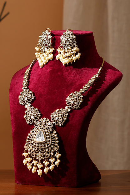 Gold Finish Kundan Polki Long Necklace Set
