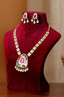 Gold Finish Navratna Stone Long Necklace Set