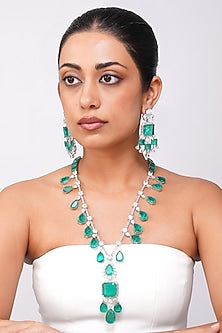 Gold Finish Emerald Green Stone & Diamond Long Necklace Set
