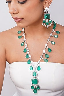 Gold Finish Emerald Green Stone & Diamond Long Necklace Set