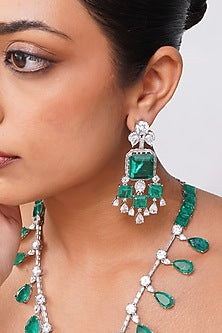 Gold Finish Emerald Green Stone & Diamond Long Necklace Set